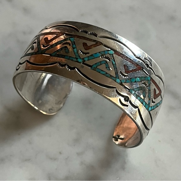 SIgned Navajo Turquoise Inlay Sterling Bracelet main image 1